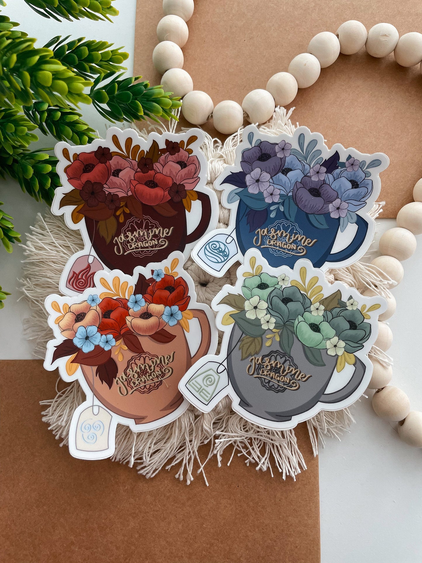 Jasmine Dragon Tea Sticker Bundle  | Four Nation Tea Set | Avatar the Last Airbender | Water, Fire, Earth. Air | Bending | Laptop